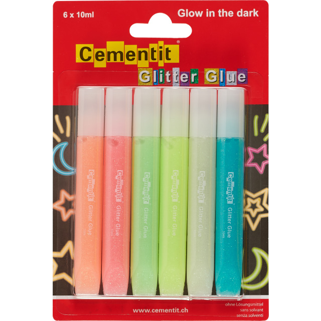 Cementit Glitter Glue Glow in the dark Blister à 6 x 10ml